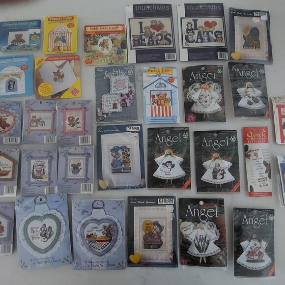 NEW HUGE Lot Cross Stitch Embroidery Kits Frames Vintage 90s Angel Bear Cat - Picture 1 of 8